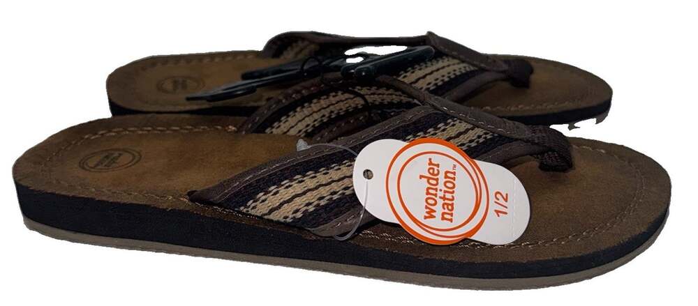 Wonder Nation Boys Youth Size 1/2 Brown Striped Flip Flops Sandals New Tried On